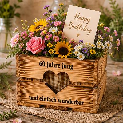 GEBURTSTAGSGESCHENK "60 Jahre jung" • BLUMENKISTE aus HOLZ • Pflanzkiste Mama Oma • Geschenkidee zum 40. 50. 60. 70. 80.