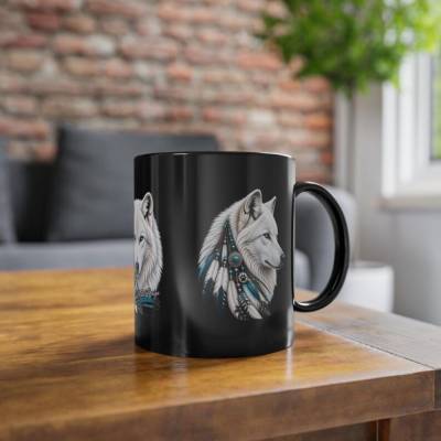 Wolf Tasse schwarz, Keramiktasse Spirit Trail Design, Western Country Tasse, Black Coffee Cup