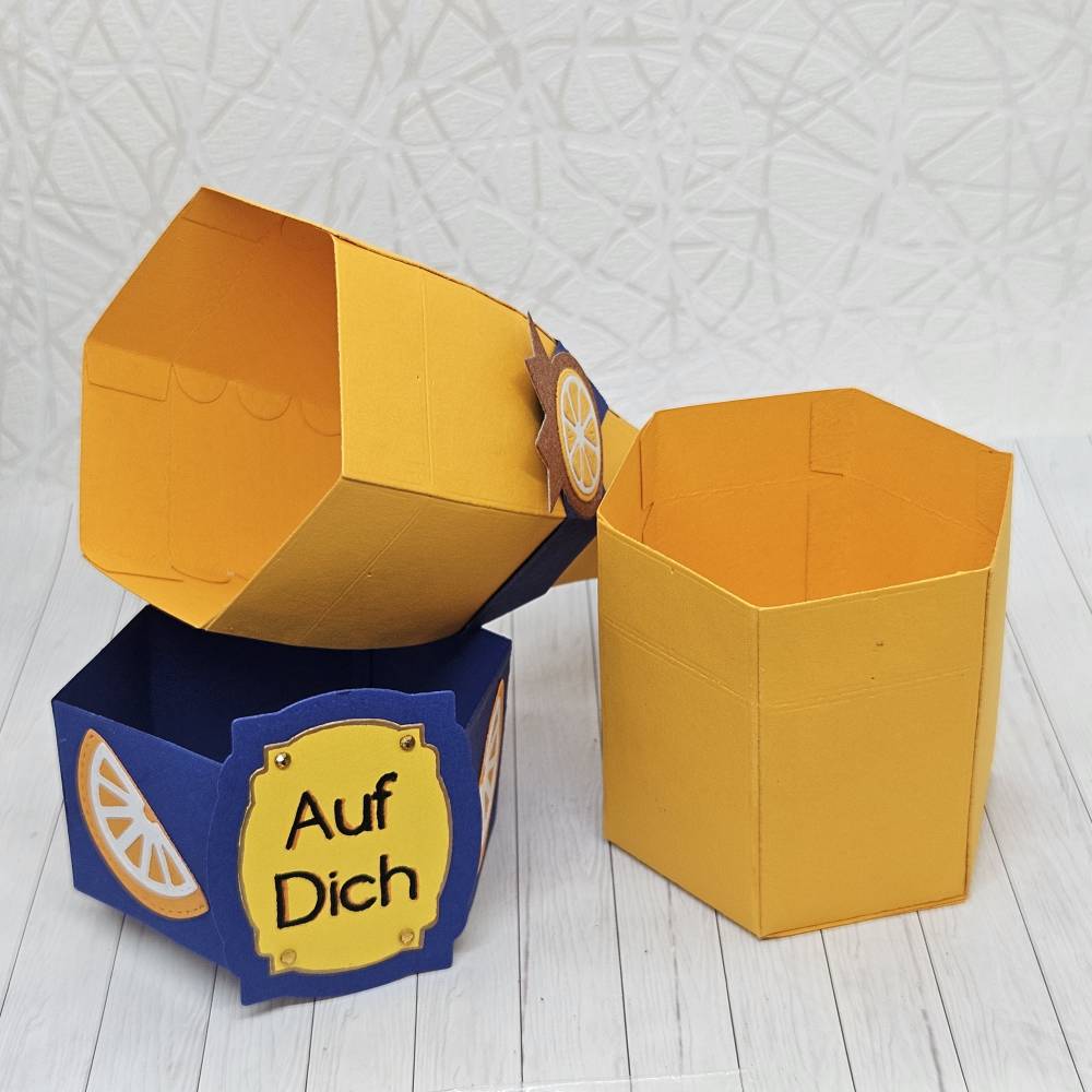 Flasche Geschenkbox Orangentraum Auf Dich – Handgemachte 3D Verpackung für Geld & Gutscheine