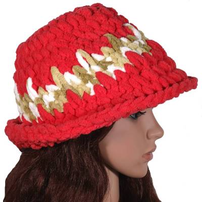 Winterhut Bucket Hat Red – Flauschiger Damenhut, Wollfrei, Gr L 58-59 cm, Handarbeit
