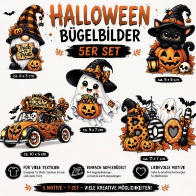 Halloween Bügelbilder 5er Set - DTF - Wichtel, Katze, Geist, Auto und Boo - Bügelbild für Textilien -253-