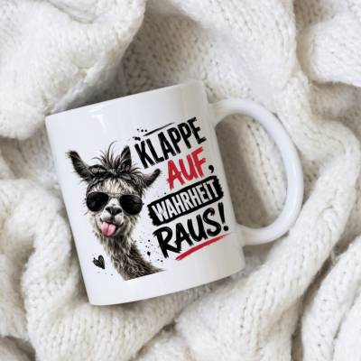 Freche Alpaka Tasse „Klappe auf, Wahrheit raus!“ – lustige Statement Tasse mit Spruch – witzige Geschenkidee