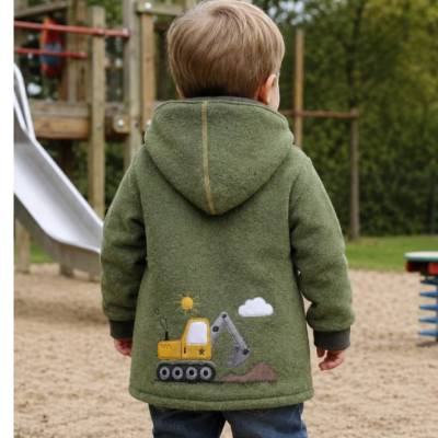 Wollwalk Jacke Gr. 110 Walkjacke komplett gefüttert in olivgrün mit Baustellen Szene