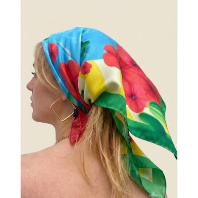 Seidentuch Mexiko Blumen 90x90cm Gelb Türkis – Bandana, Kopftuch, Halstuch aus 100% Italienischer Seide, Kaktus Design