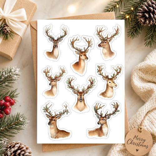 Hirsch Stickerbogen Digital PDF, Planer Sticker Hirschgeweih, Scrapbooking Aufkleber Weihnachten