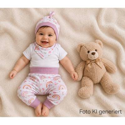 Baby Set Gr. 74/80 - Pumphose, Mütze & Halstuch Jersey Rosa Regenbogen - Geschenk, Geburt, handmade Babykleidung, Baby