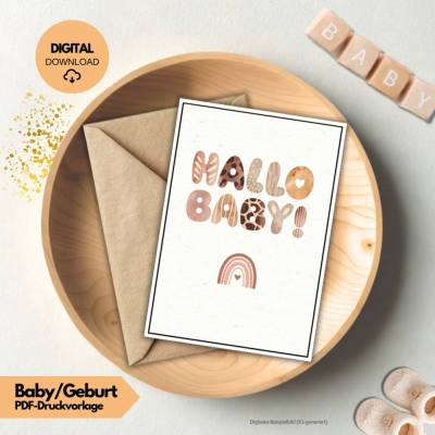 Karte zur Geburt | Hallo Baby Glückwunschkarte braun | Baby Geschenk Junge Mädchen geschlechtsneutral | Geburtskarte PDF