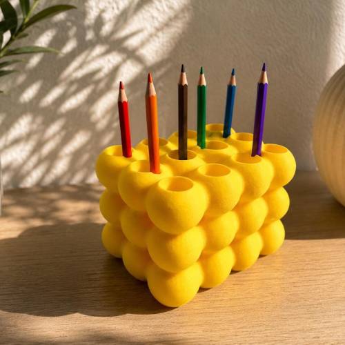 Bubble Stiftehalter – Moderner Schreibtisch Organizer für Bleistifte & Stifte | 3D-Druck Deko Gelb