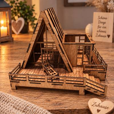 A-Frame Holzhaus mit Terrasse | handgefertigte Holzdeko | modernes Dekohaus | Geschenkidee