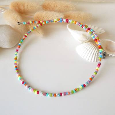 Kurze bunte Perlenkette aus kleinen Miyuki Perlen, Seedbeads, Boho-Stil , Geschenk Frauen Freundin