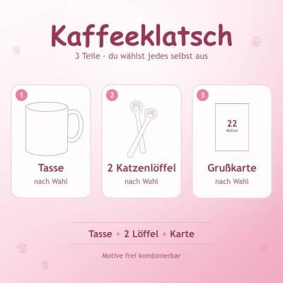 Geschenkset "Kaffeeklatsch" - Katzentasse, Löffel-Set und Grußkarte von Katzenmuddi