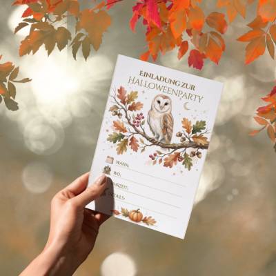 Digitale Halloween Einladung A6 PDF, Eule & Herbst Lückentext, Party Einladungskarte zum Ausdrucken