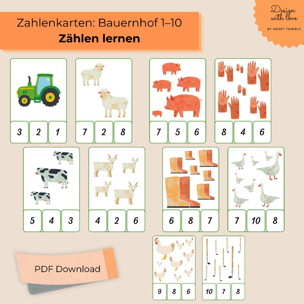 Zahlenkarten Bauernhof 1–10 für Kinder – Zählen lernen PDF zum Ausdrucken Bild 1