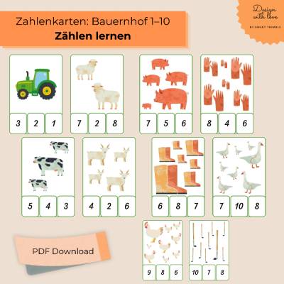 Zahlenkarten Bauernhof 1–10 für Kinder – Zählen lernen PDF zum Ausdrucken