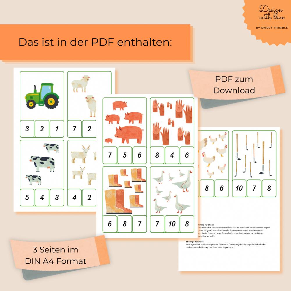 Zahlenkarten Bauernhof 1–10 für Kinder – Zählen lernen PDF zum Ausdrucken Bild 3