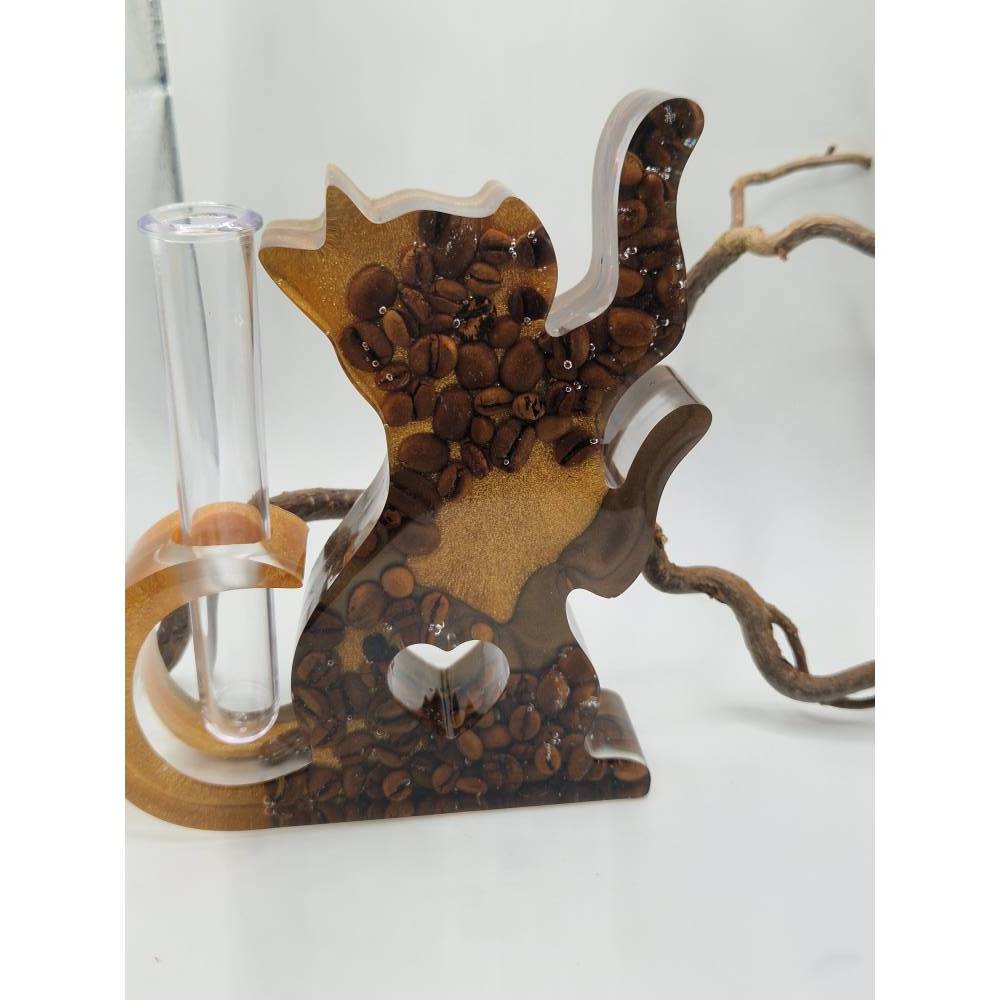 Deko-Vase / Reagenzglas-Halter „Katze“ mit echten Kaffeebohnen – Schokobraun & Gold Bild 2