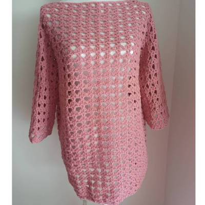 Handgehäkelte Oversize-Tunika aus Acryl – Altrosa – sofort verfügbar