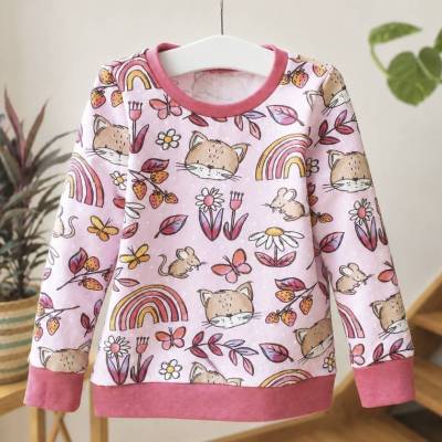 Kinder Pullover Katze | Rosa Bio Sweatshirt mit Regenbogen & Blumen | Handgenäht | verschiedene Größen