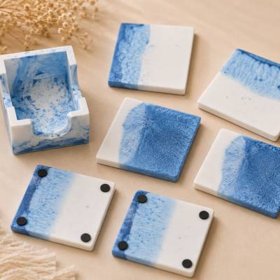 Untersetzer Set aus Resin mit Aufbewahrungsbox – 5-teilig – Blau Weiß