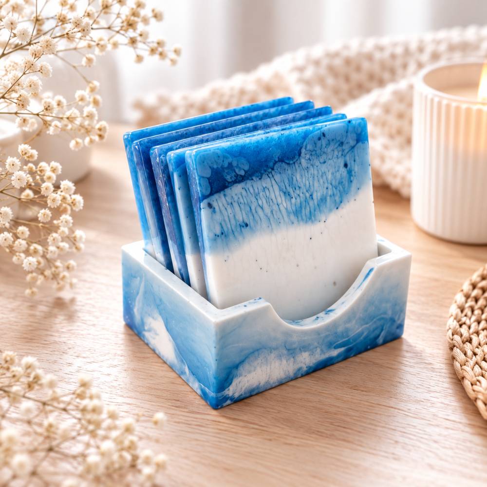 Untersetzer Set aus Resin mit Aufbewahrungsbox – 5-teilig – Blau Weiß Bild 2