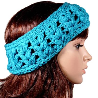 Stirnband Türkisblau gehäkelt mit Herzchen Muster | Handarbeit | Kopfumfang 58/59 cm