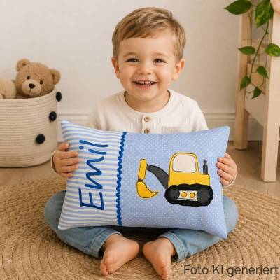 Toller Bagger & Namen  - Personalisierte Kissen, Geschenk zur Geburt, Kissen mit Namen, Namenskissen, Kindergarten