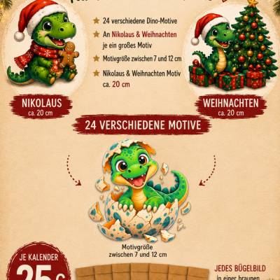 Dino Adventskalender mit 24 Bügelbilder - für kleine Dino Fans