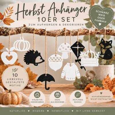 Herbst Anhänger 10er Set | Herbstdeko zum Aufhängen | herbstliche 3D Druck Deko Schwarz, Weiß o. Farbmix
