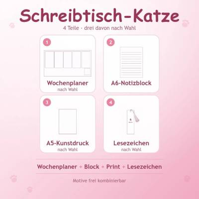 Geschenkset "Schreibtisch-Katze" - Wochenplaner, Notizblock, Kunstdruck, Lesezeichen