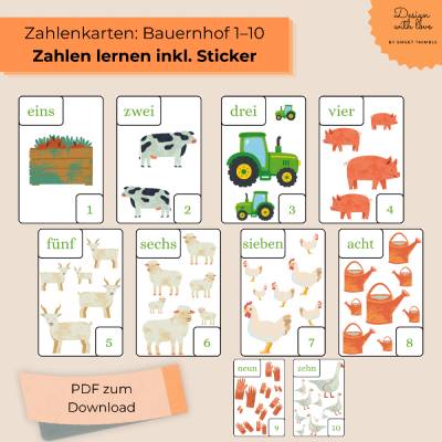 Bauernhof Zahlen lernen mit liebevollen Motiven und passenden Stickern