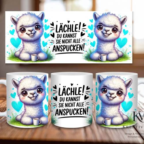 Lustige Alpaka Tasse mit Spruch – Lächle du kannst sie nicht alle anspucken, süße Lama Tasse, Humor Geschenk für Freunde