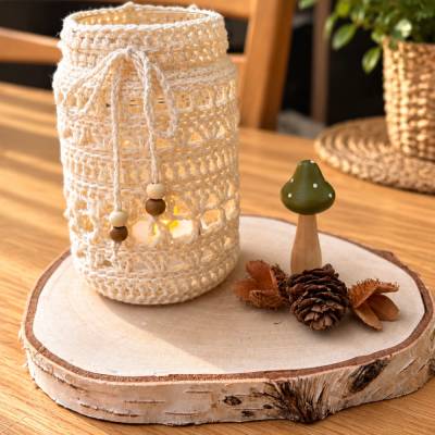 Handgefertigtes Windlicht im Boho-Stil | Glaswindlicht mit LED-Licht | Naturdeko | Tischdeko | Geschenkidee