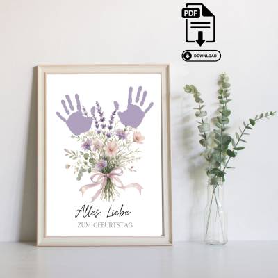 Personalisierbares Geschenk zum Geburtstag Blumenstrauß - Kinder Handabdruck Poster in DIN A4 - Sofortdownload PDF 