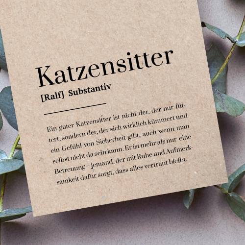 Karte für Katzensitter auf Kraftpapier mit Name, kleines Dankeschön im natürlichen Look für die Betreuung im Urlaub