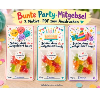 Mitgebsel Kindergeburtstag Bunte Party PDF – 3 Motive zum Ausdrucken | Karten für Gummibärchen & kleine Schokolade