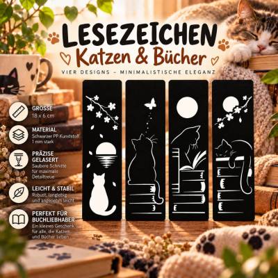 Katzen Lesezeichen | Katzen & Bücher | Geschenk für Katzenliebhaber und Leseratten | 18x6 cm