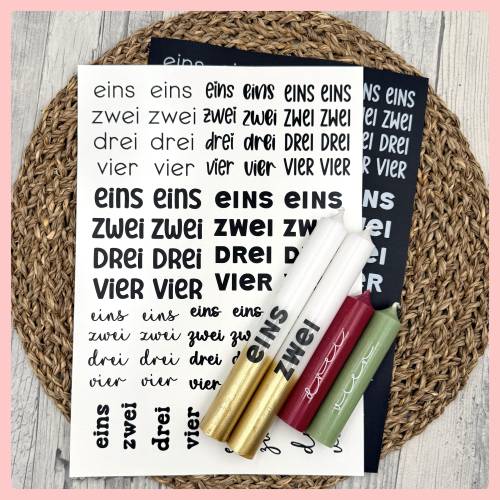 Kerzentattoo Advent, ADVENTSZAHLEN, schwarz, weiß, gold u. silber matt, A4, Wasserschiebefolie, Kerzentattoo Advent