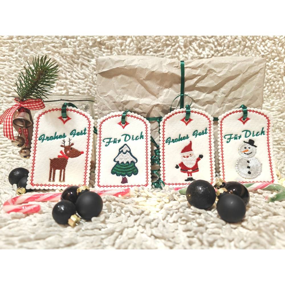 Stickdatei ITH Weihnachten Geschenkanhänger 10x10cm Rentier Tannenbaum Schneemann Weihnachtsmann Bild 10