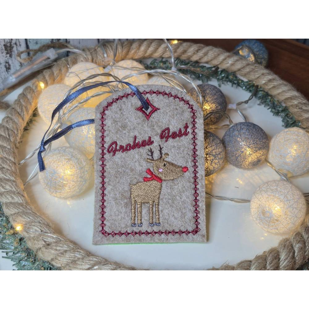 Stickdatei ITH Weihnachten Geschenkanhänger 10x10cm Rentier Tannenbaum Schneemann Weihnachtsmann Bild 4