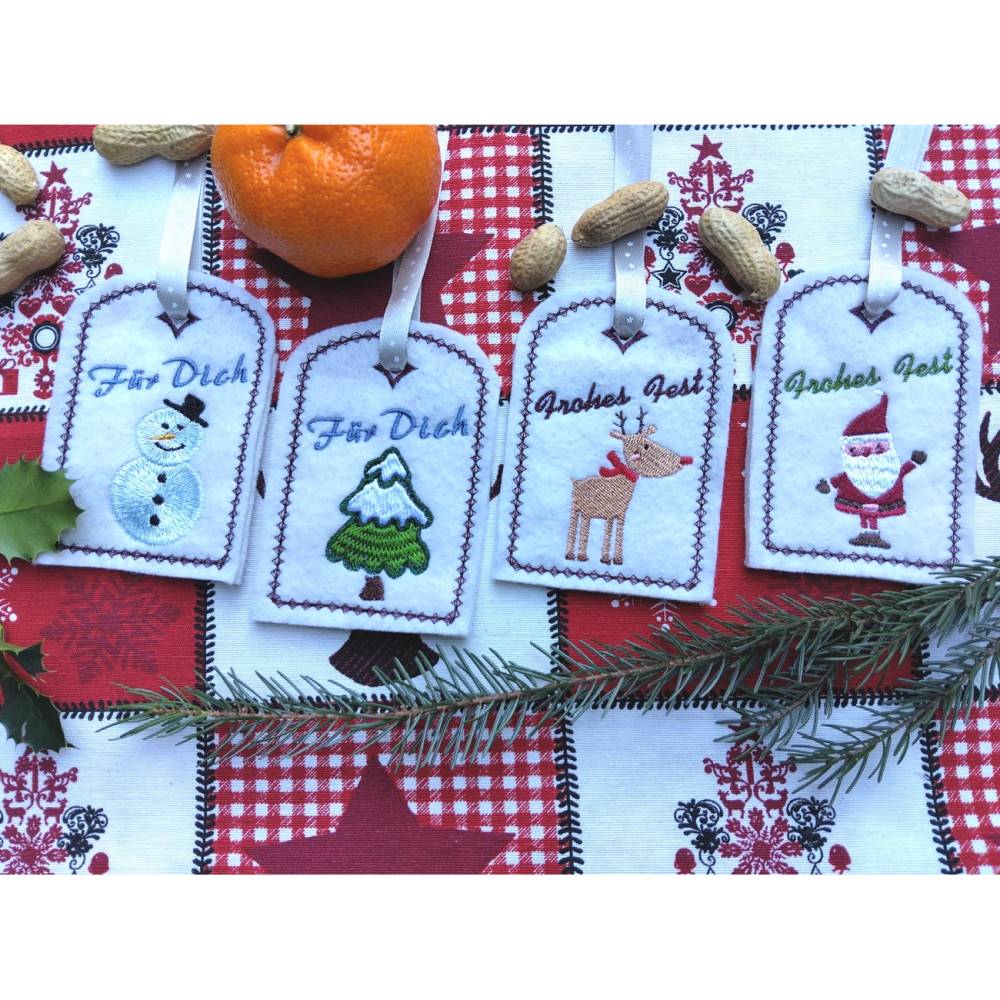 Stickdatei ITH Weihnachten Geschenkanhänger 10x10cm Rentier Tannenbaum Schneemann Weihnachtsmann Bild 9