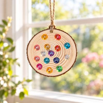 Lichtspiel aus Lindenholz mit bunten Farbperlen – Fensterdeko Ø ca. 8 cm