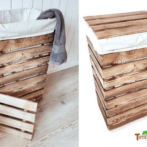 Rustikaler WÄSCHESAMMLER aus HOLZ mit Deckel • Vintage WÄSCHETRUHE mit Baumwoll-Wäschebeutel • Wäschekorb Wäschebox
