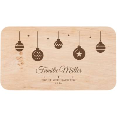 Frühstücksbrett mit Namen „Christbaumkugeln“ – personalisiert, Erle, Weihnachtsgeschenk