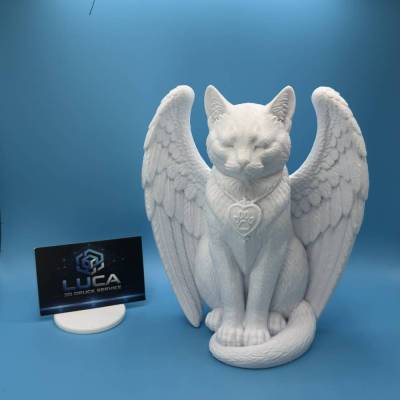 katze Katzenengel Gedenkfigur mit Engelsflügeln und Pfotenherz 3D Druck weiß