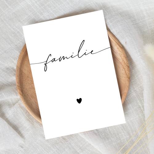 Familie Postkarte Herz A6, Typografie Karte in Schwarz-Weiß, Geschenk für Familie und Freunde, Wohnzimmer Deko, Einzug