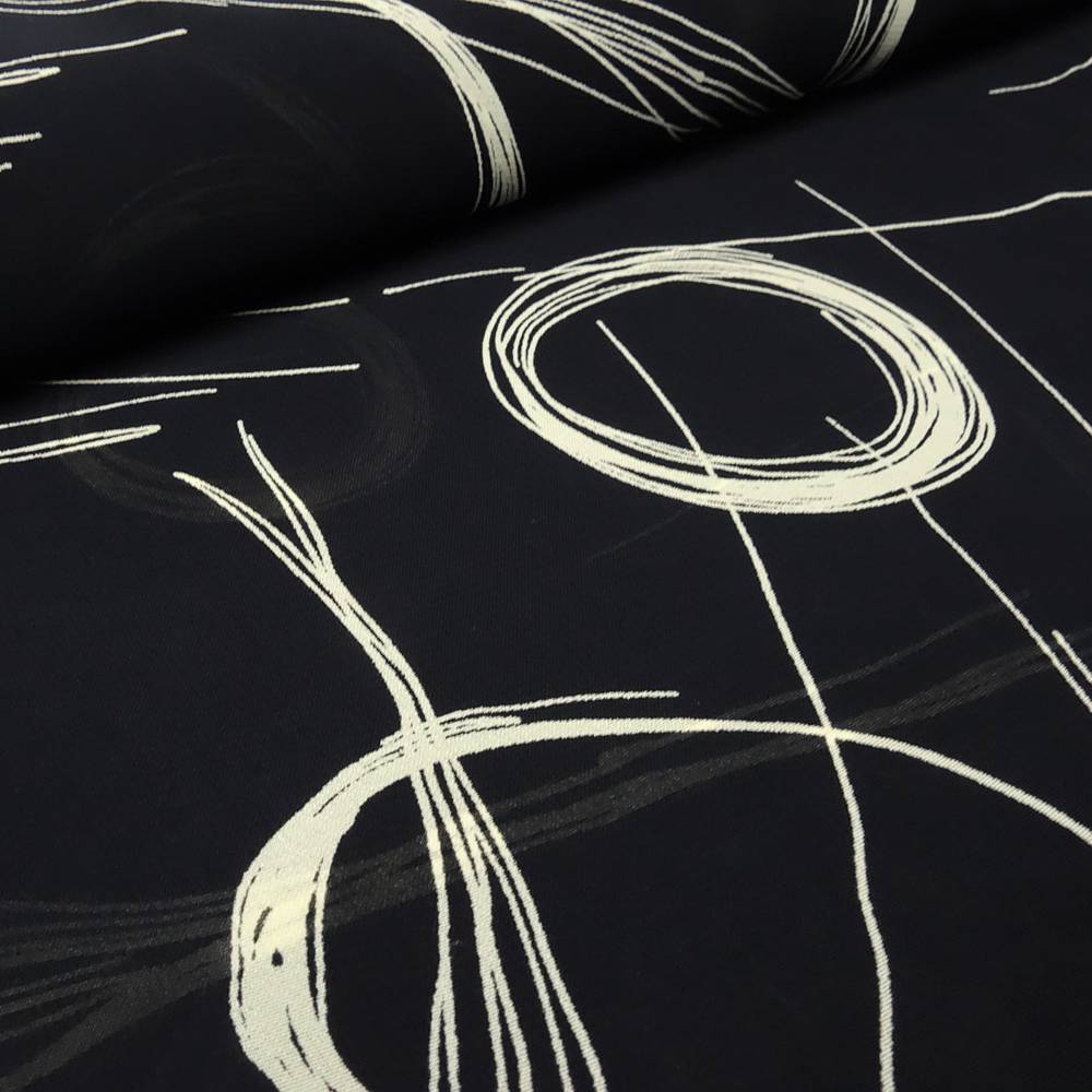 Stoff Viskose Chiffon Georgette abstrakt Kreise geometrische Muster Design schwarz vanille-sand Blusenstoff Bild 3