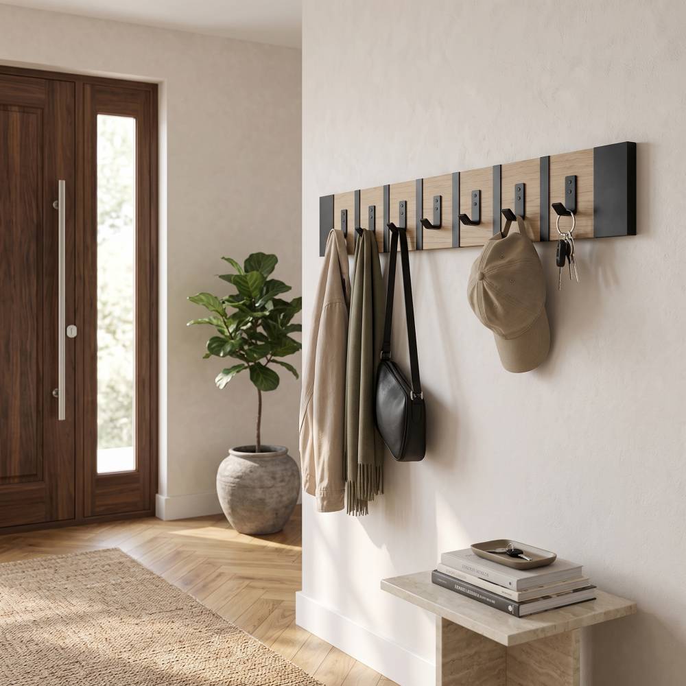 Moderne Wandgarderobe Eiche mit 5 Haken (60 x 12 cm) | Designer Hakenleiste mit mattschwarzen PLA-CF Blenden