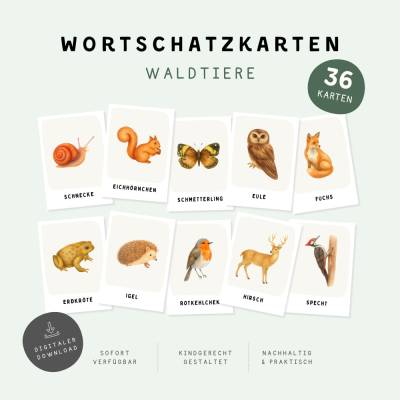 Waldtiere Lernkarten für Kinder | 36 Karten | Woodland Animals | Vorschule & Kindergarten | Tierwissen | Montessori 