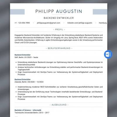 Lebenslauf Vorlage Backend Entwickler | Softwareentwickler CV für Backend Entwicklung - Word