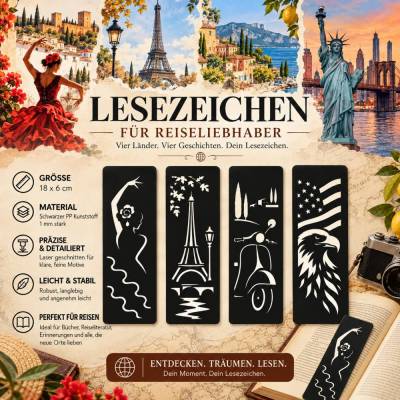 Lesezeichen Länder Spanien Frankreich Italien USA | Reise Lesezeichen 18x6 cm | Schwarzes PP | Geschenk für Reisende